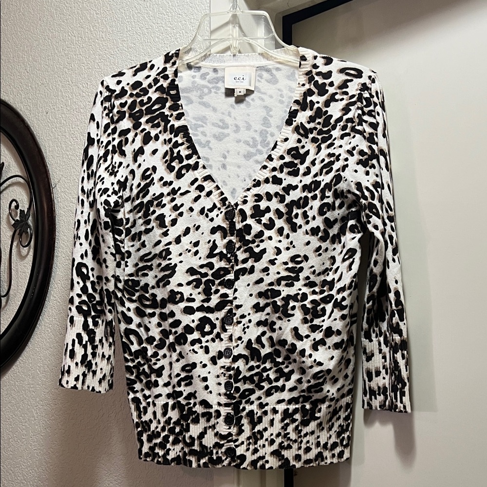 ECI Black and White Leopard Print V-Neck Sweater